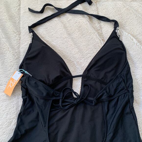 NWT Kona Sol women's black crochet lace deep V one piece swimsuit SZ XL - Picture 7 of 14